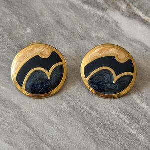Vintage 80s Large Round Abstract Gold Tone And Enamel Earrings Black Blue Cream